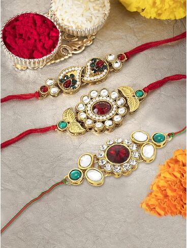 إرث Aheli التقليدي لـ Rakshabandhan مع Stones & Kundan Rakhi للأخ ، Green & Red ، مجموعة من 3 in Saudi Arabia
