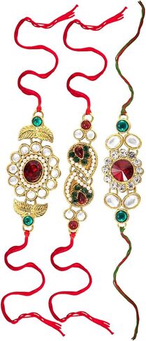 إرث Aheli التقليدي لـ Rakshabandhan مع Stones & Kundan Rakhi للأخ ، Green & Red ، مجموعة من 3 in Saudi Arabia