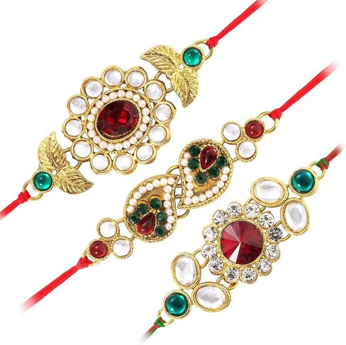 إرث Aheli التقليدي لـ Rakshabandhan مع Stones & Kundan Rakhi للأخ ، Green & Red ، مجموعة من 3 in Saudi Arabia