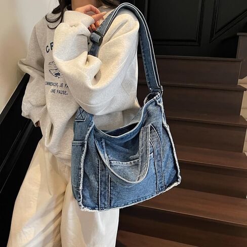 Denim Tote Bags for Women Jean Purse Casual Denim Handbag Large Capacity Crossbody Shoulder Bag in Kuwait