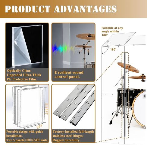 درع الطبل المحمول المكون من 5 ألواح 2FT × 5FT مع عاكسات، درع أكريليك بمفصلات معدنية كاملة الطول، قفص طبل، مثالي للعروض الحية والكنائس (5 لوحات مع انحرافات) in Kuwait