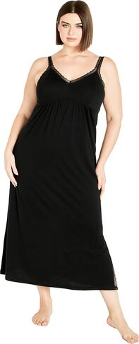 AVENUE Plus Size Lace Trim Maxi Sleep Dress, Black in Saudi Arabia