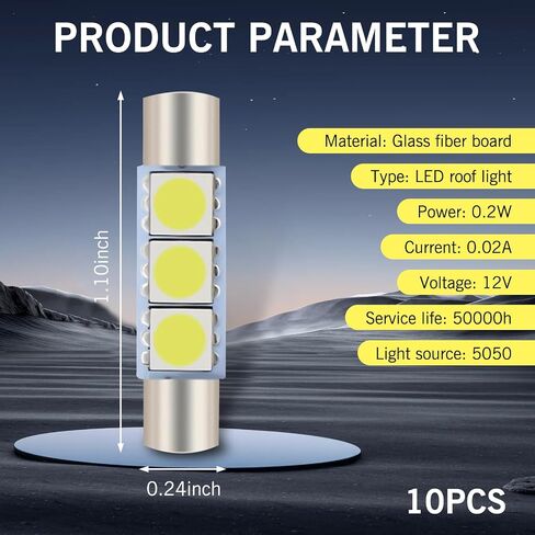 Downhill 10 PCS T6 5050 LED Sun Visor Lights, 28MM 7500K Ultra-Bright Flat Head Double Pointed Roof Light Reading Light, Multi-functional Plug-and-Play Lighting Accessories, for Cars (White) in Saudi Arabia