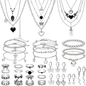 NEWITIN 45 Pieces Silver Jewelry Set for Women Party Costume Punk Jewelry Set Goth Grunge Y2k Accessories Vintage Gothic Necklaces Bracelets Earrings Rings for Women Men in Kuwait