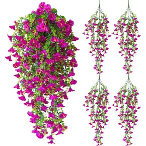 زهور معلقة اصطناعية - 4 حزمة مقاومة للأشعة فوق البنفسجية مزيفة مجد مجد مزرعة فو للشرفة والفناء والشرفة والحديقة والديكور الداخلي والخارجي (اللون الأرجواني والوردي الساخن) in Kuwait
