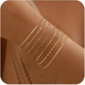 14K Gold Plated Bracelets Set for Women, Dainty Gold Plated Bracelet Stackable Paperclip Chain, Bracelets Set Thin Small Cute Bead Bracelet Fashion Waterproof Jewelry Gift Gold Accessories for Women(7Pcs) in Saudi Arabia
