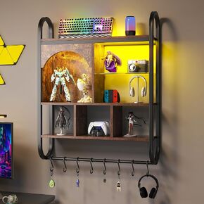 Spacesea 34" Wide Gaming Floating Shelves with LED Lights, 4 Tier Wall Mounted Display Shelf, Industrial Arched Pipe Shelve with Tempered Glass and 8 Hooks for Gaming Room Rack Decor(Black) in Saudi Arabia