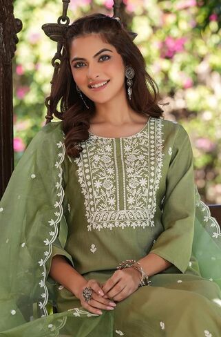 مجموعة Kurta Kurti للسيدات الهندية للنساء للنساء Sage Green Presidered عجل العجل العادي الطول Kurta Kurti in Saudi Arabia