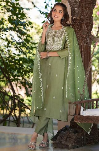 مجموعة Kurta Kurti للسيدات الهندية للنساء للنساء Sage Green Presidered عجل العجل العادي الطول Kurta Kurti in Saudi Arabia