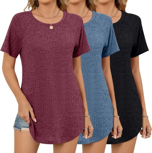 Ficerd 3 Pack Tuct Short Women Short Sleeve Tunic Turs ، Raglan Sleeve Sleeve المنحنية المنحنية المنقسمة من الطقوس القمصان فضفاضة in Saudi Arabia