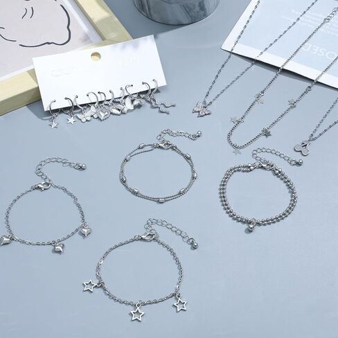 NEWITIN 45 Pieces Silver Jewelry Set for Women Party Costume Punk Jewelry Set Goth Grunge Y2k Accessories Vintage Gothic Necklaces Bracelets Earrings Rings for Women Men in Saudi Arabia