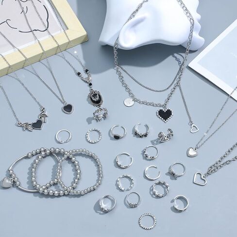 NEWITIN 45 Pieces Silver Jewelry Set for Women Party Costume Punk Jewelry Set Goth Grunge Y2k Accessories Vintage Gothic Necklaces Bracelets Earrings Rings for Women Men in Saudi Arabia