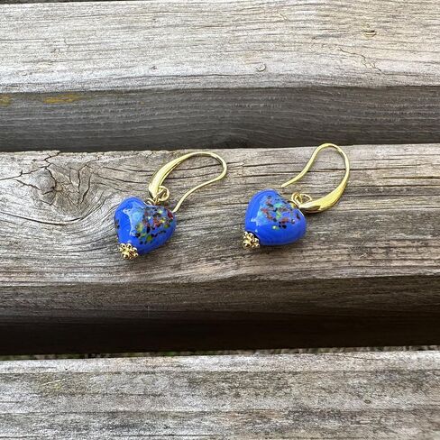 Handmade Murano Glass Heart Earrings for Women, Gold-Plated Drop Earrings, Lightweight Romantic Jewelry for Women, Anniversaries, Birthdays, Everyday Wear,Gift for Her in Kuwait