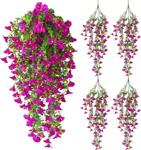 زهور معلقة اصطناعية - 4 حزمة مقاومة للأشعة فوق البنفسجية مزيفة مجد مجد مزرعة فو للشرفة والفناء والشرفة والحديقة والديكور الداخلي والخارجي (اللون الأرجواني والوردي الساخن) in Kuwait