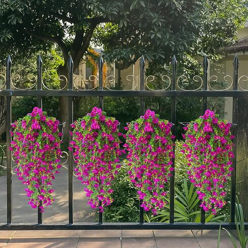 زهور معلقة اصطناعية - 4 حزمة مقاومة للأشعة فوق البنفسجية مزيفة مجد مجد مزرعة فو للشرفة والفناء والشرفة والحديقة والديكور الداخلي والخارجي (اللون الأرجواني والوردي الساخن) in Kuwait