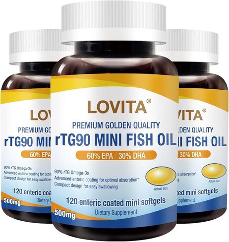 Lovita Omega-3 Fish Oil 2000mg, High Absorption rTG Form with EPA & DHA, 90% Omega-3, Burpless, Easy to Swallow, Supports Heart, Brain & Eye Health, 120 Enteric-Coated Softgels (Pack of 3) in Kuwait