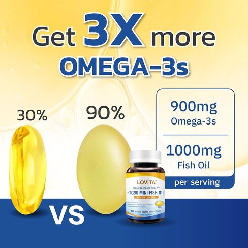 Lovita Omega-3 Fish Oil 2000mg, High Absorption rTG Form with EPA & DHA, 90% Omega-3, Burpless, Easy to Swallow, Supports Heart, Brain & Eye Health, 120 Enteric-Coated Softgels (Pack of 3) in Kuwait