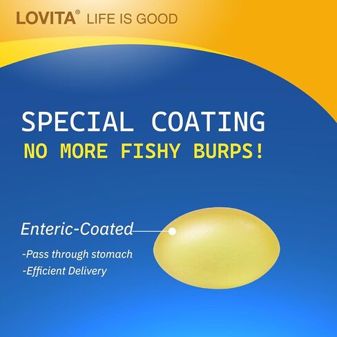 Lovita Omega-3 Fish Oil 2000mg, High Absorption rTG Form with EPA & DHA, 90% Omega-3, Burpless, Easy to Swallow, Supports Heart, Brain & Eye Health, 120 Enteric-Coated Softgels (Pack of 3) in Kuwait