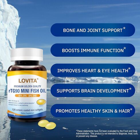 Lovita Omega-3 Fish Oil 2000mg, High Absorption rTG Form with EPA & DHA, 90% Omega-3, Burpless, Easy to Swallow, Supports Heart, Brain & Eye Health, 120 Enteric-Coated Softgels (Pack of 3) in Kuwait