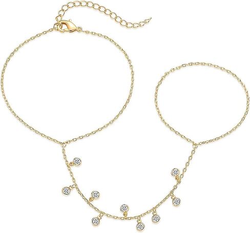 Hand Chain Jewelry for Women,Ring Chain Bracelet, 14K Yellow Gold Plated Dainty Cubic Zirconia Bracelet in Kuwait