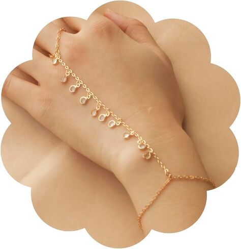 Hand Chain Jewelry for Women,Ring Chain Bracelet, 14K Yellow Gold Plated Dainty Cubic Zirconia Bracelet in Kuwait