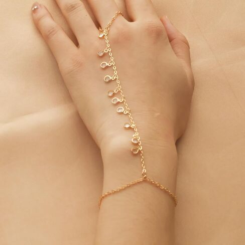 Hand Chain Jewelry for Women,Ring Chain Bracelet, 14K Yellow Gold Plated Dainty Cubic Zirconia Bracelet in Kuwait
