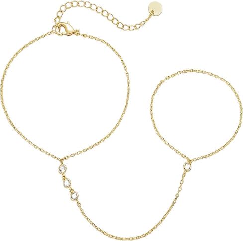 Hand Chain Jewelry for Women,Ring Chain Bracelet, 14K Yellow Gold Plated Dainty Cubic Zirconia Bracelet in Kuwait