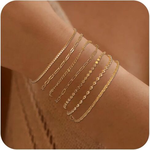 14K Gold Plated Bracelets Set for Women, Dainty Gold Plated Bracelet Stackable Paperclip Chain, Bracelets Set Thin Small Cute Bead Bracelet Fashion Waterproof Jewelry Gift Gold Accessories for Women(7Pcs) in Saudi Arabia