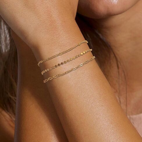14K Gold Plated Bracelets Set for Women, Dainty Gold Plated Bracelet Stackable Paperclip Chain, Bracelets Set Thin Small Cute Bead Bracelet Fashion Waterproof Jewelry Gift Gold Accessories for Women(7Pcs) in Saudi Arabia