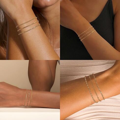 14K Gold Plated Bracelets Set for Women, Dainty Gold Plated Bracelet Stackable Paperclip Chain, Bracelets Set Thin Small Cute Bead Bracelet Fashion Waterproof Jewelry Gift Gold Accessories for Women(7Pcs) in Saudi Arabia