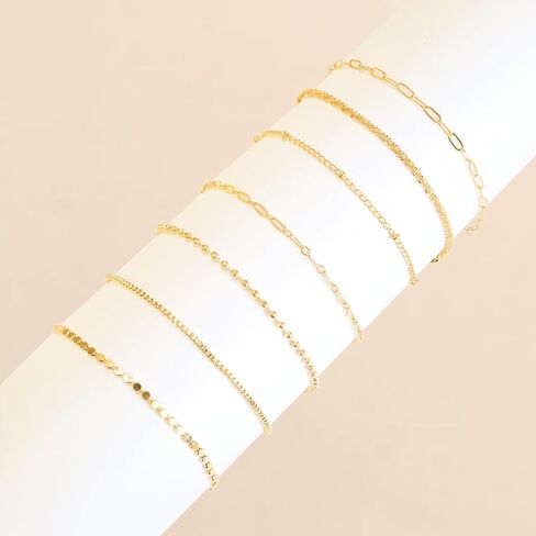 14K Gold Plated Bracelets Set for Women, Dainty Gold Plated Bracelet Stackable Paperclip Chain, Bracelets Set Thin Small Cute Bead Bracelet Fashion Waterproof Jewelry Gift Gold Accessories for Women(7Pcs) in Saudi Arabia