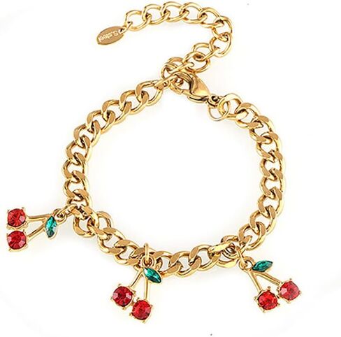 18K Gold Plated Cherry Bracelet for Women Stainless Steel Cubic Zirconia Green Leaves Cherry Fruit Link Chain Bracelets Dainty Jewelry Gift in Saudi Arabia