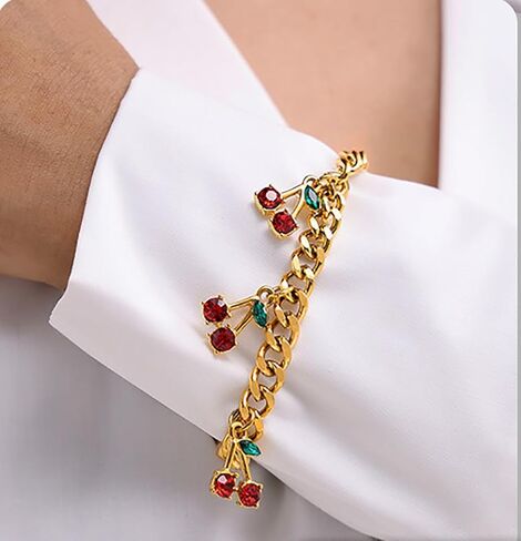 18K Gold Plated Cherry Bracelet for Women Stainless Steel Cubic Zirconia Green Leaves Cherry Fruit Link Chain Bracelets Dainty Jewelry Gift in Saudi Arabia