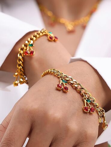 18K Gold Plated Cherry Bracelet for Women Stainless Steel Cubic Zirconia Green Leaves Cherry Fruit Link Chain Bracelets Dainty Jewelry Gift in Saudi Arabia