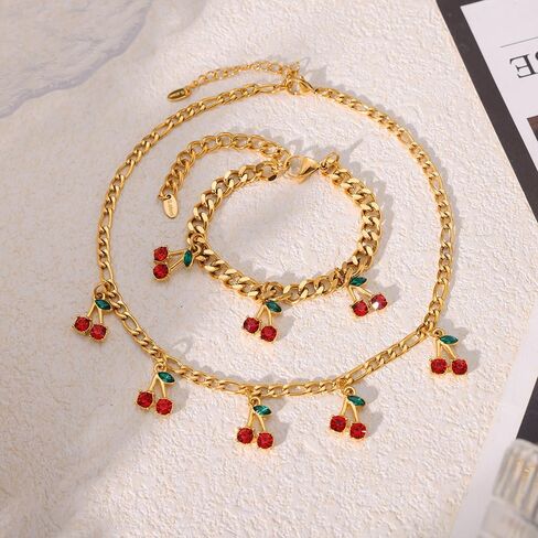 18K Gold Plated Cherry Bracelet for Women Stainless Steel Cubic Zirconia Green Leaves Cherry Fruit Link Chain Bracelets Dainty Jewelry Gift in Saudi Arabia