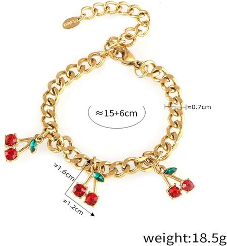 18K Gold Plated Cherry Bracelet for Women Stainless Steel Cubic Zirconia Green Leaves Cherry Fruit Link Chain Bracelets Dainty Jewelry Gift in Saudi Arabia