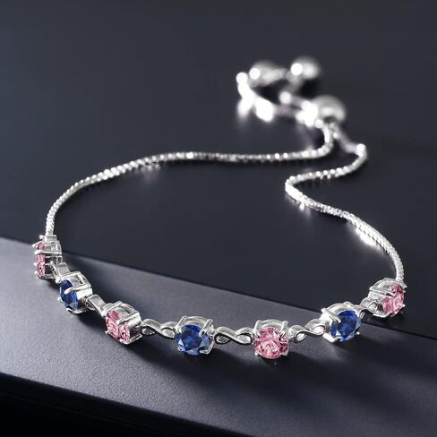 GEM Stone King 925 Sterling Silver Pink Lab Growmon Diamond و Blue Late Sapphire Linfinity Links للنساء (2.49 CTTW ، جولة 4.5 مم ، قابلة للتعديل بالكامل حتى 9 بوصات) in Saudi Arabia