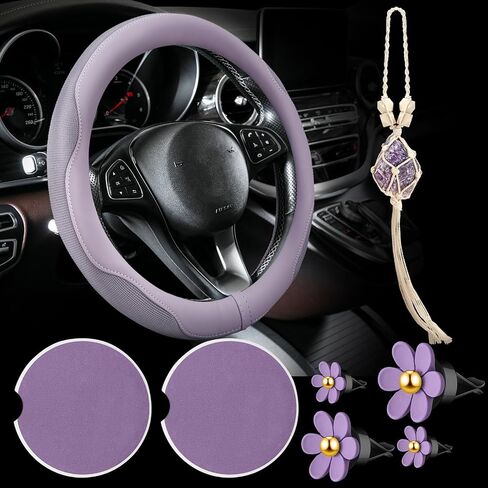 BBTO Purple Car Accessory Set Steering Wheel Cover, Ceramic Coasters, Daisy Flower Air Vent Clip Car Air Freshener, Crystal Car Hanging Ornament in Saudi Arabia