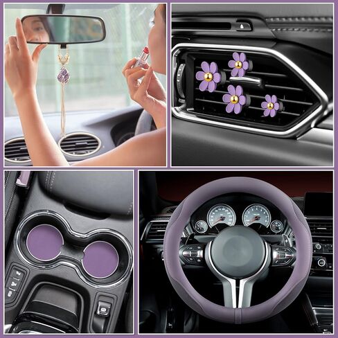 BBTO Purple Car Accessory Set Steering Wheel Cover, Ceramic Coasters, Daisy Flower Air Vent Clip Car Air Freshener, Crystal Car Hanging Ornament in Saudi Arabia