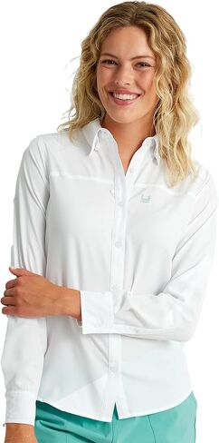 Huk Standard Tide Point Pattern Long Sleeve Shirt, Button Down for Women, White, Small in Saudi Arabia