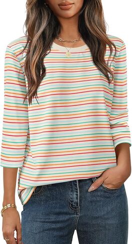 MEROKEETY Women's 2025 Casual 3/4 Sleeve Tops Blouse Crewneck Colorful Striped Fall Loose Shirt in Saudi Arabia