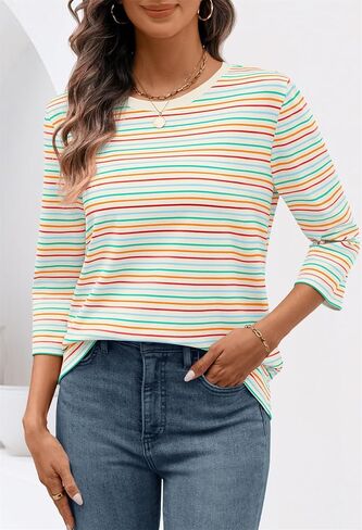 MEROKEETY Women's 2025 Casual 3/4 Sleeve Tops Blouse Crewneck Colorful Striped Fall Loose Shirt in Saudi Arabia