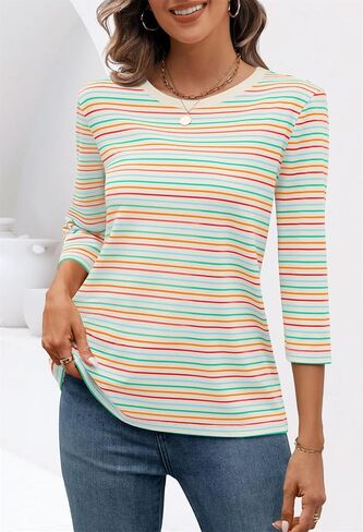 MEROKEETY Women's 2025 Casual 3/4 Sleeve Tops Blouse Crewneck Colorful Striped Fall Loose Shirt in Saudi Arabia