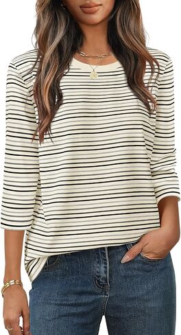 MEROKEETY Women's 2025 Casual 3/4 Sleeve Tops Blouse Crewneck Colorful Striped Fall Loose Shirt in Saudi Arabia