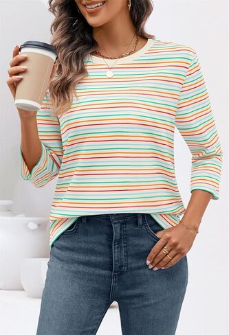 MEROKEETY Women's 2025 Casual 3/4 Sleeve Tops Blouse Crewneck Colorful Striped Fall Loose Shirt in Saudi Arabia