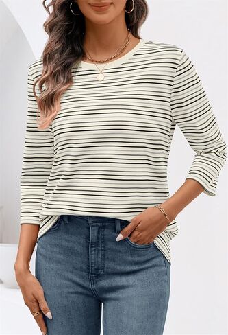 MEROKEETY Women's 2025 Casual 3/4 Sleeve Tops Blouse Crewneck Colorful Striped Fall Loose Shirt in Saudi Arabia