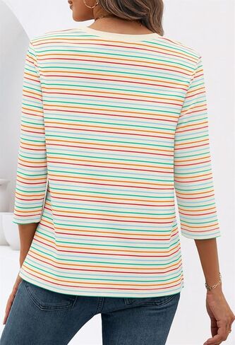 MEROKEETY Women's 2025 Casual 3/4 Sleeve Tops Blouse Crewneck Colorful Striped Fall Loose Shirt in Saudi Arabia