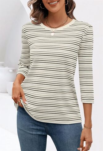 MEROKEETY Women's 2025 Casual 3/4 Sleeve Tops Blouse Crewneck Colorful Striped Fall Loose Shirt in Saudi Arabia