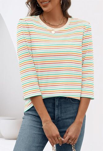 MEROKEETY Women's 2025 Casual 3/4 Sleeve Tops Blouse Crewneck Colorful Striped Fall Loose Shirt in Saudi Arabia