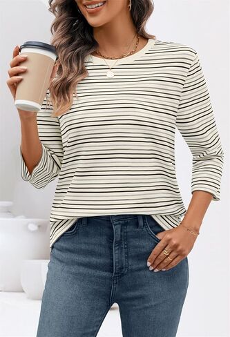 MEROKEETY Women's 2025 Casual 3/4 Sleeve Tops Blouse Crewneck Colorful Striped Fall Loose Shirt in Saudi Arabia